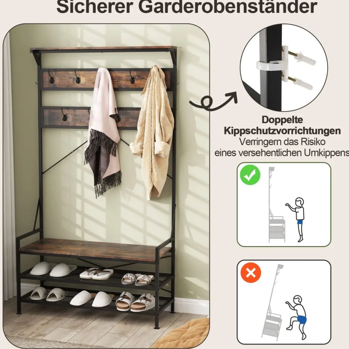 Garderobenständer mit Schuhablage Schuhregal mit Garderobe Kleiderständer mit Sitzbank
