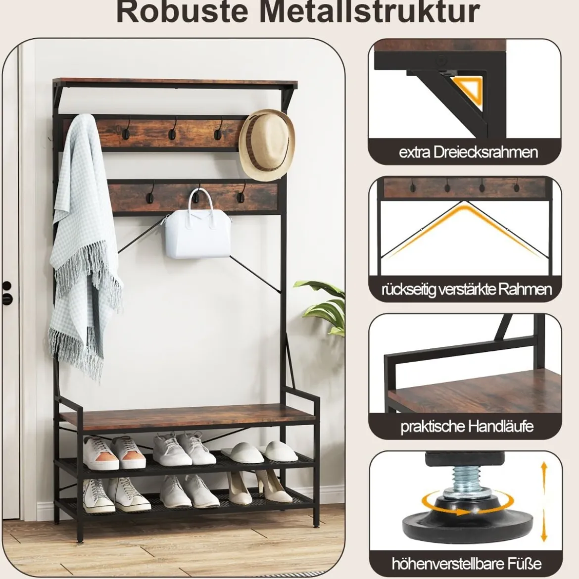 Garderobenständer mit Schuhablage Schuhregal mit Garderobe Kleiderständer mit Sitzbank