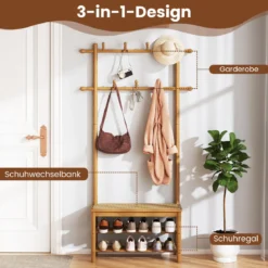 Garderobenständer mit Schuhbank & Schuhregal & 2 Aufhängestangen & 13 Haken Natur