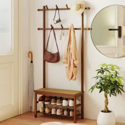 Garderobenständer mit Schuhbank & Schuhregal & 2 Aufhängestangen & 13 Haken Braun