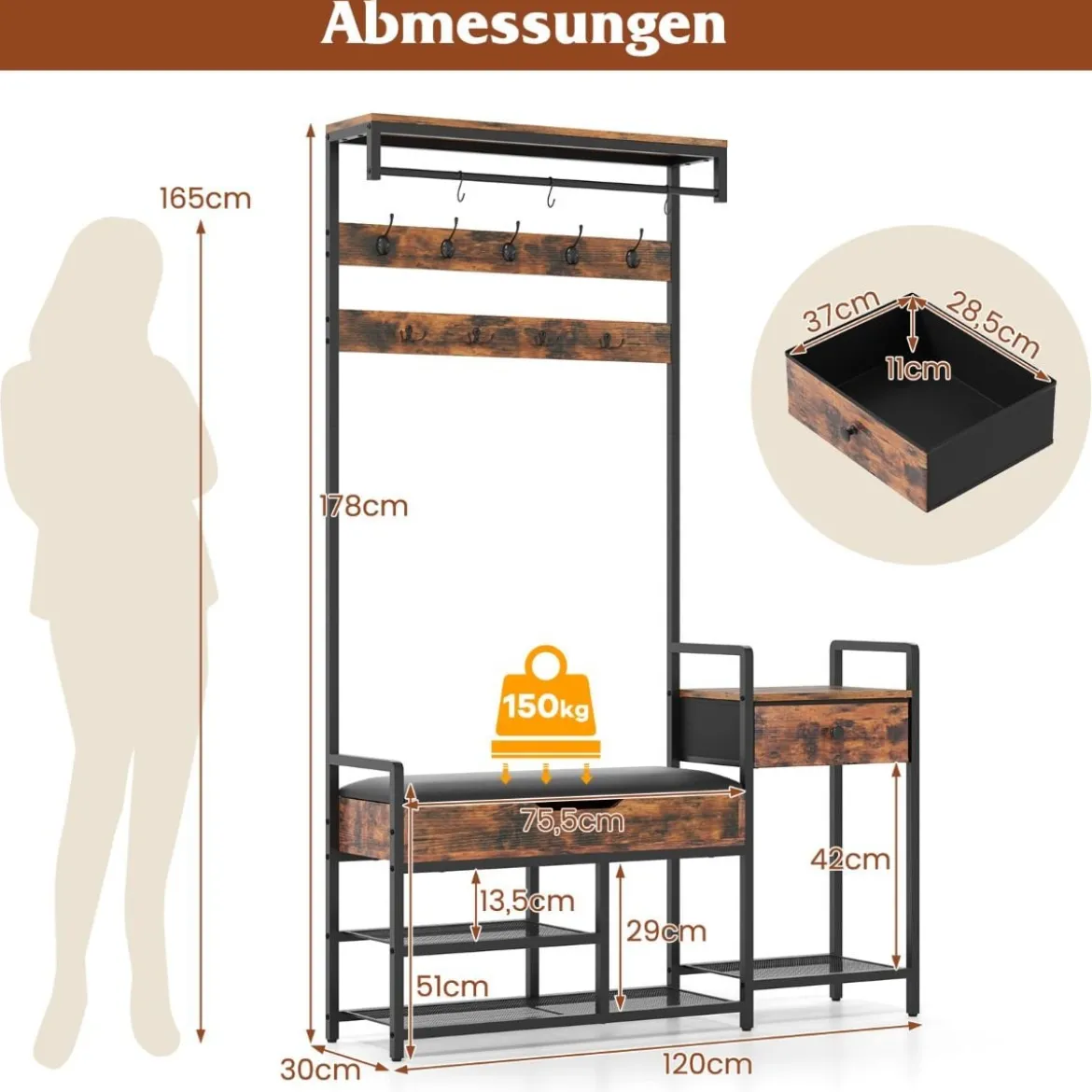 Garderobenständer mit Schuhbank & 12 Haken & Schublade & Ablage Garderobe Eingangsbank