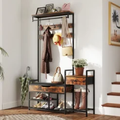 Garderobenständer mit Schuhbank & 12 Haken & Schublade & Ablage Garderobe Eingangsbank