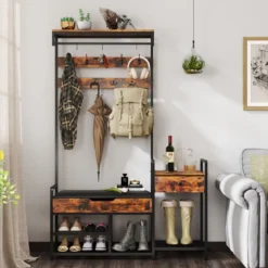 Garderobenständer mit Schuhbank & 12 Haken & Schublade & Ablage Garderobe Eingangsbank