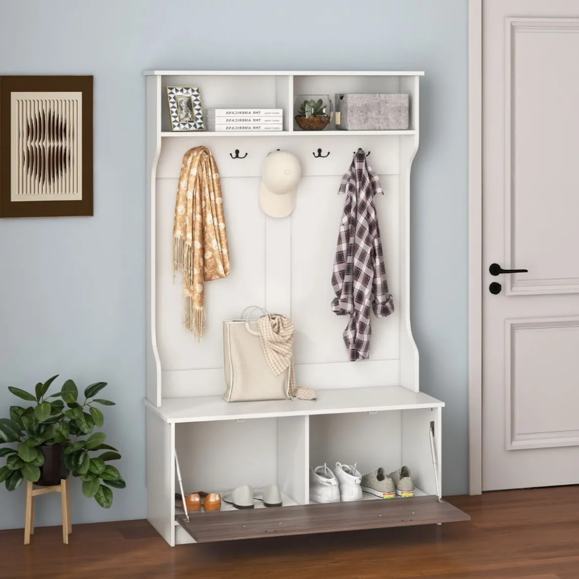 Garderobenständer mit Sitzbank & 5 Doppelhaken Garderobe Flurgarderobe 100 x 40 x 160 cm Weiß