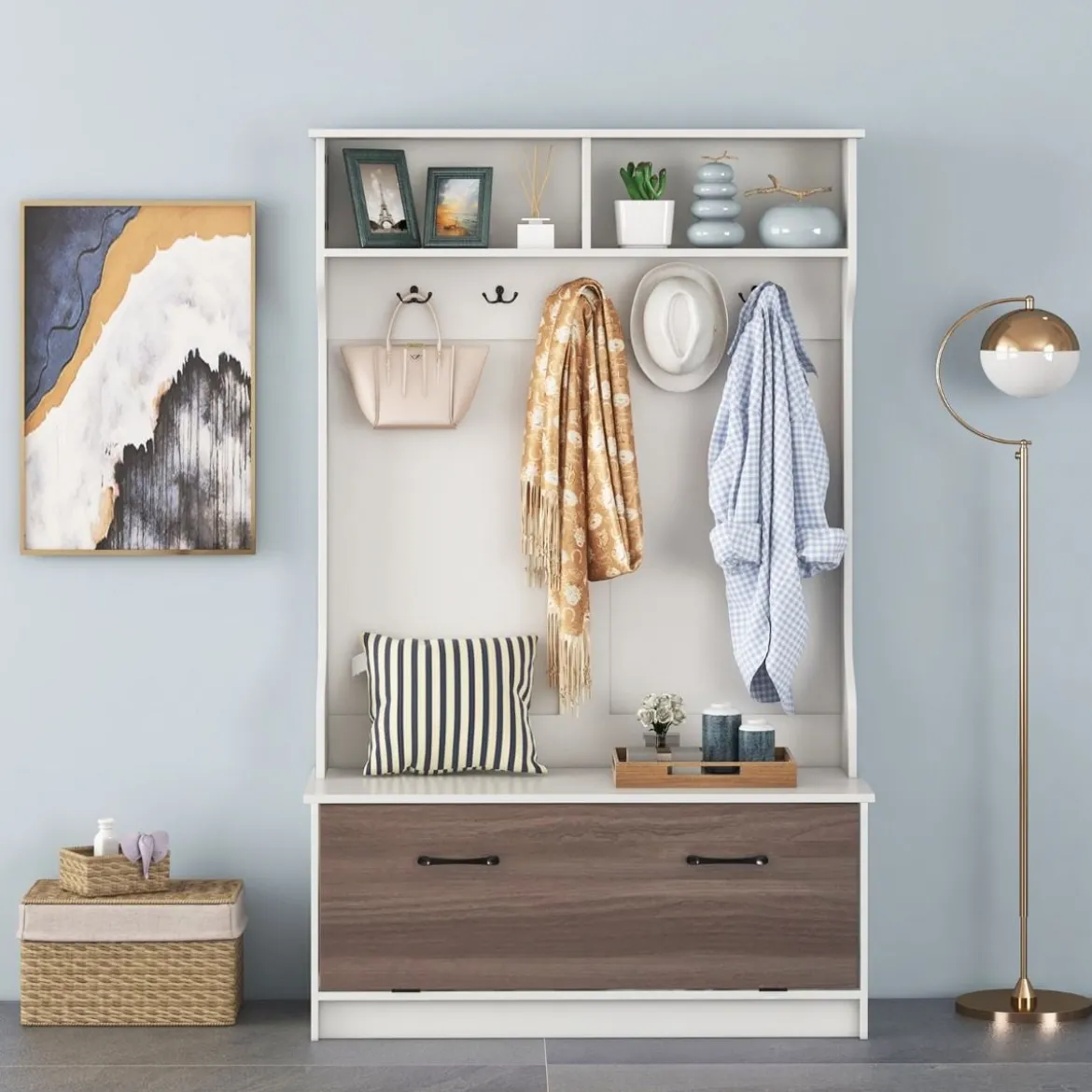 Garderobenständer mit Sitzbank & 5 Doppelhaken Garderobe Flurgarderobe 100 x 40 x 160 cm Weiß