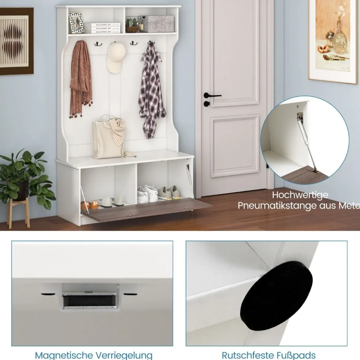 Garderobenständer mit Sitzbank & 5 Doppelhaken Garderobe Flurgarderobe 100 x 40 x 160 cm Weiß