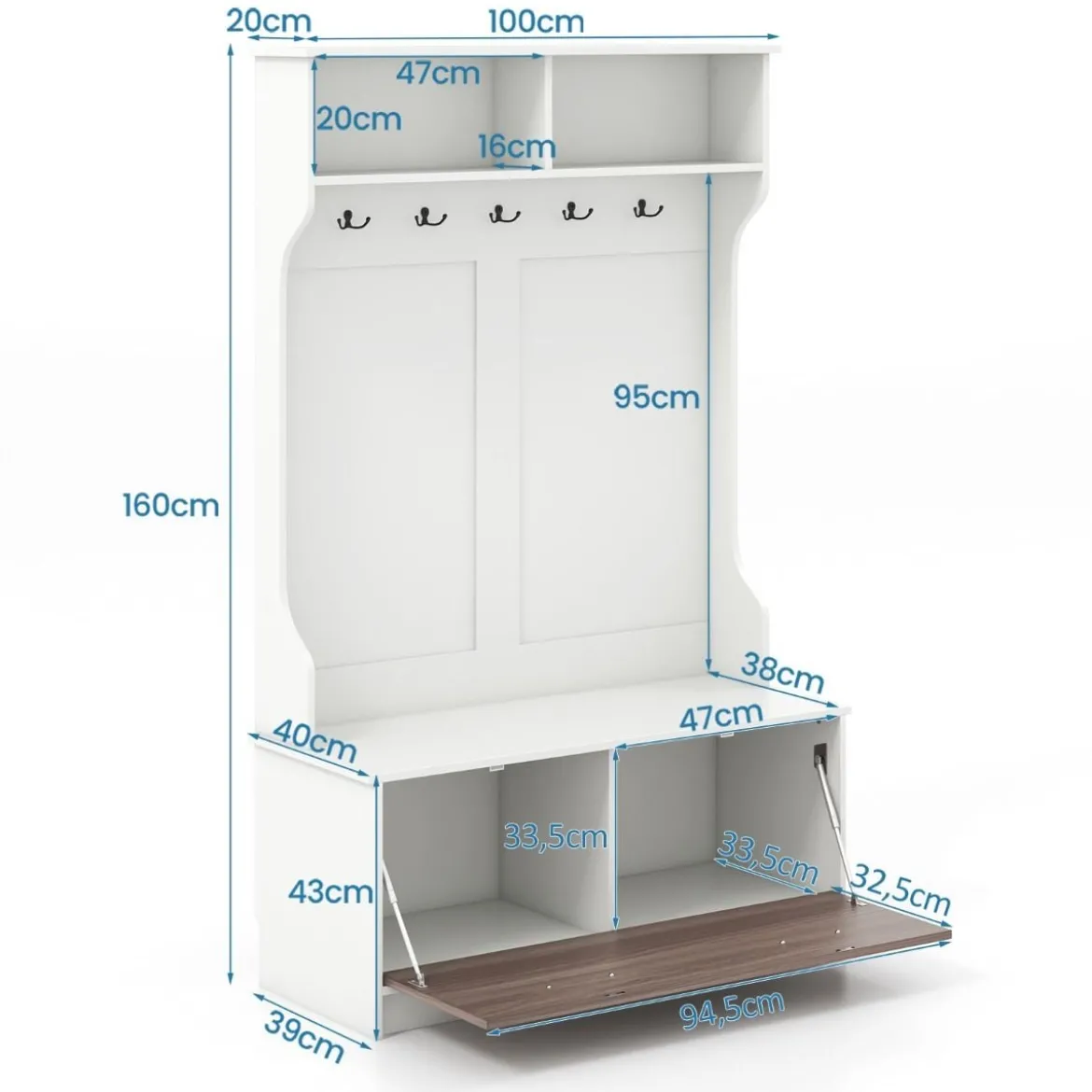Garderobenständer mit Sitzbank & 5 Doppelhaken Garderobe Flurgarderobe 100 x 40 x 160 cm Weiß