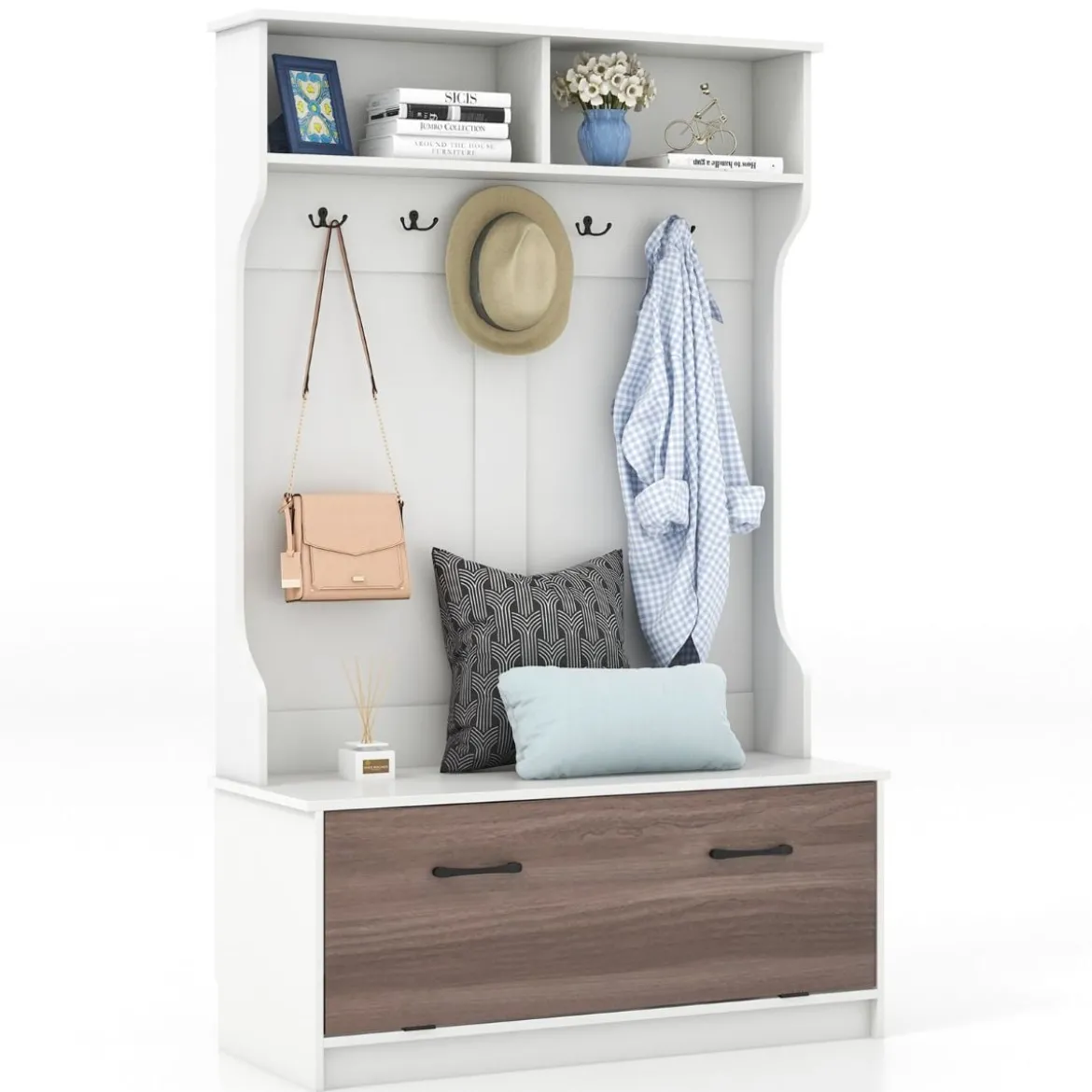 Garderobenständer mit Sitzbank & 5 Doppelhaken Garderobe Flurgarderobe 100 x 40 x 160 cm Weiß