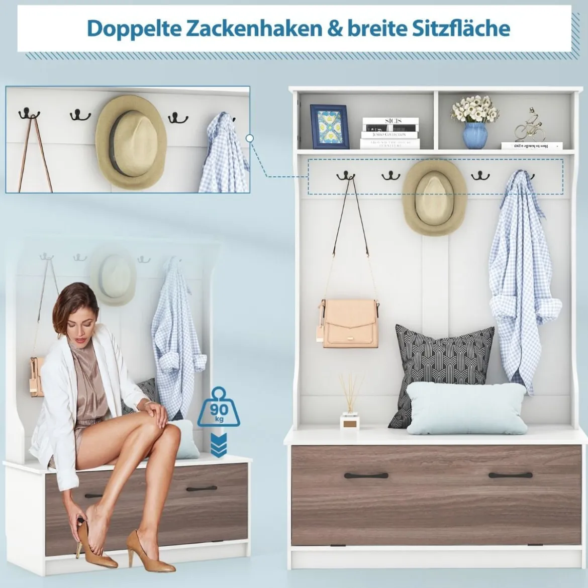 Garderobenständer mit Sitzbank & 5 Doppelhaken Garderobe Flurgarderobe 100 x 40 x 160 cm Weiß