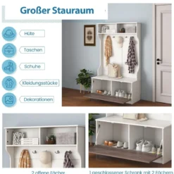 Garderobenständer mit Sitzbank & 5 Doppelhaken Garderobe Flurgarderobe 100 x 40 x 160 cm Weiß