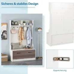 Garderobenständer mit Sitzbank & 5 Doppelhaken Garderobe Flurgarderobe 100 x 40 x 160 cm Weiß