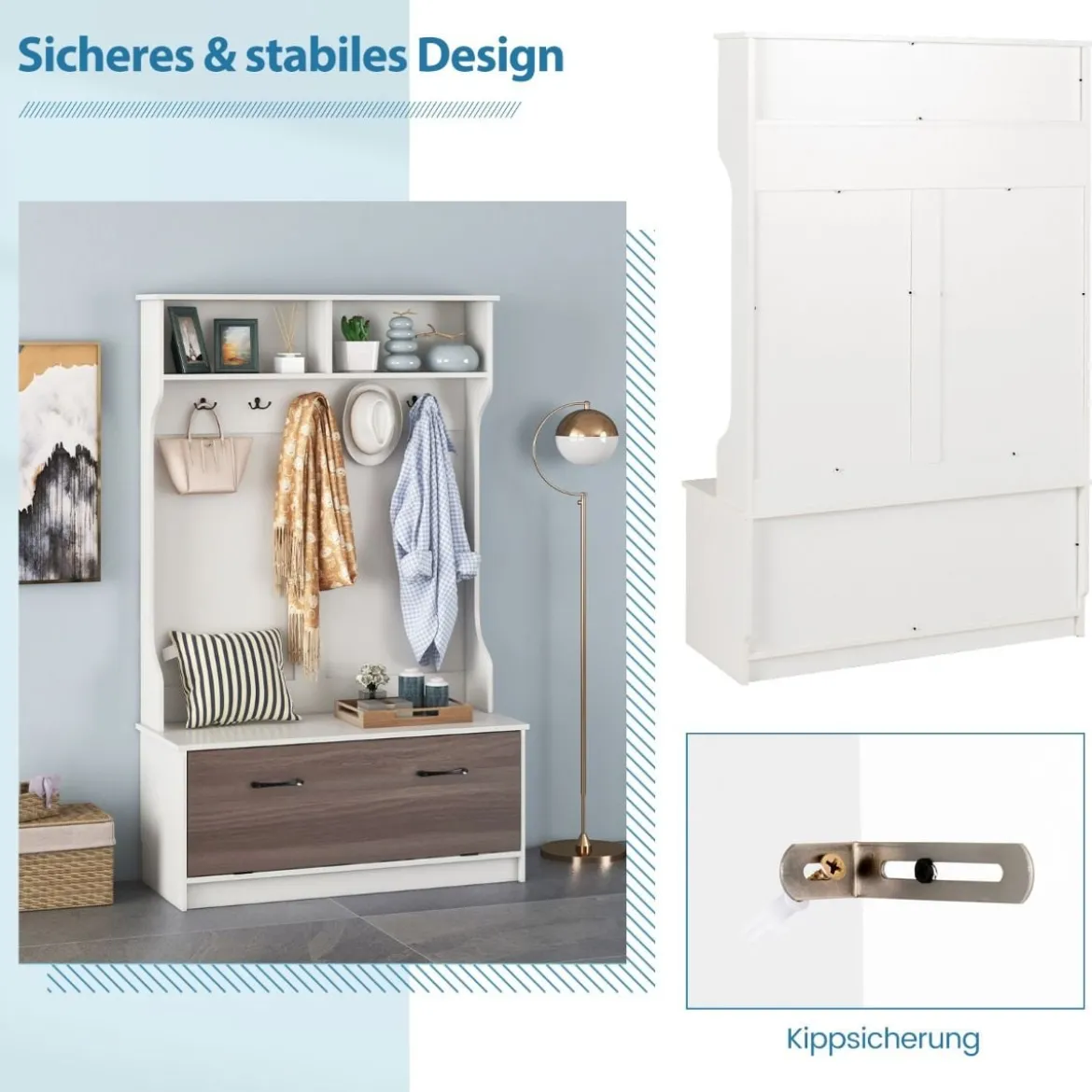Garderobenständer mit Sitzbank & 5 Doppelhaken Garderobe Flurgarderobe 100 x 40 x 160 cm Weiß