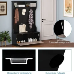 Garderobenständer mit Sitzbank & 5 Doppelhaken Garderobe Flurgarderobe 100 x 40 x 160 cm Schwarz