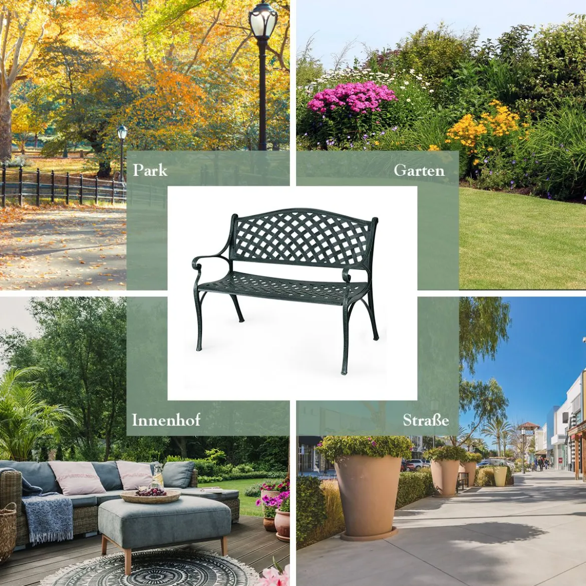 Gartenbank Aluminium-Sitzbank mit Armlehnen Sitzbank 103 x 55 x 82 cm Antikes Grün