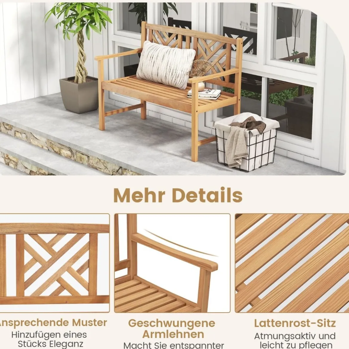 Gartenbank aus Akazienholz für 2 Personen mit gemütlichen Armlehnen 360 kg max. Belastung