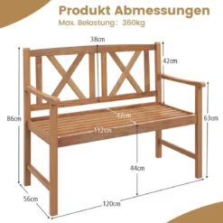 Gartenbank aus Akazienholz für 2 Personen Balkonbank mit Armlehnen bis 360 kg Belastbar