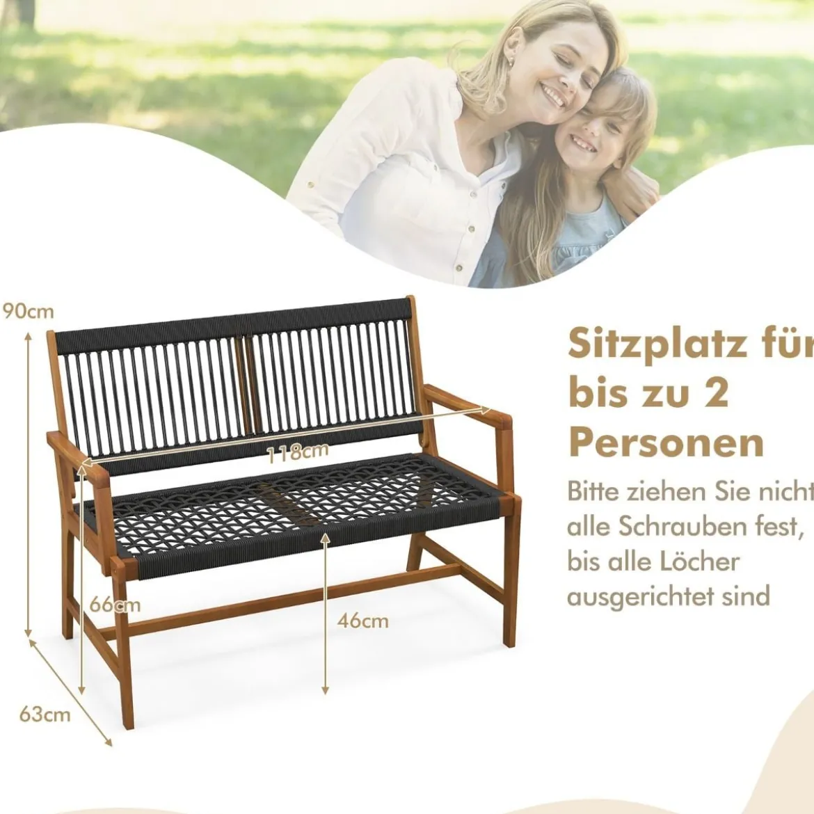 Gartenbank aus Akazienholz mit Rückenlehne und Armlehnen belastbar bis 320kg