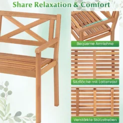Gartenbank aus Akazienholz 2-Sitzer Holzbank Outdoor Sitzbank mit Rückenlehne & Armlehnen Balkonbank