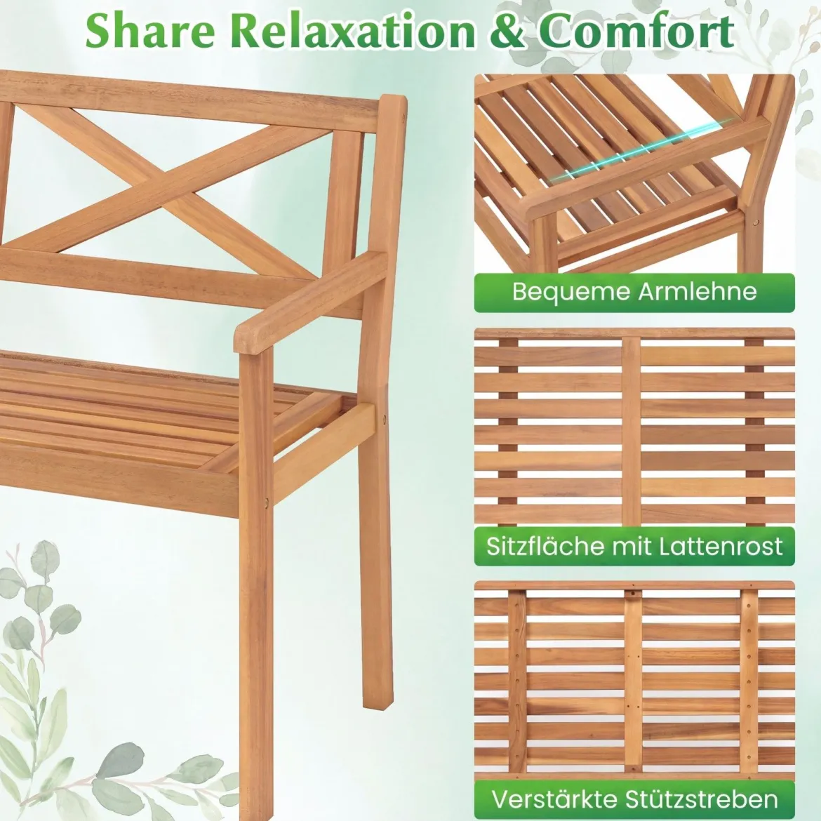 Gartenbank aus Akazienholz 2-Sitzer Holzbank Outdoor Sitzbank mit Rückenlehne & Armlehnen Balkonbank