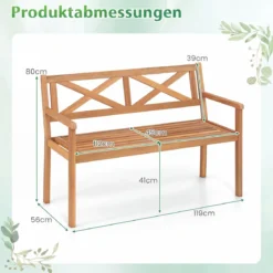 Gartenbank aus Akazienholz 2-Sitzer Holzbank Outdoor Sitzbank mit Rückenlehne & Armlehnen Balkonbank