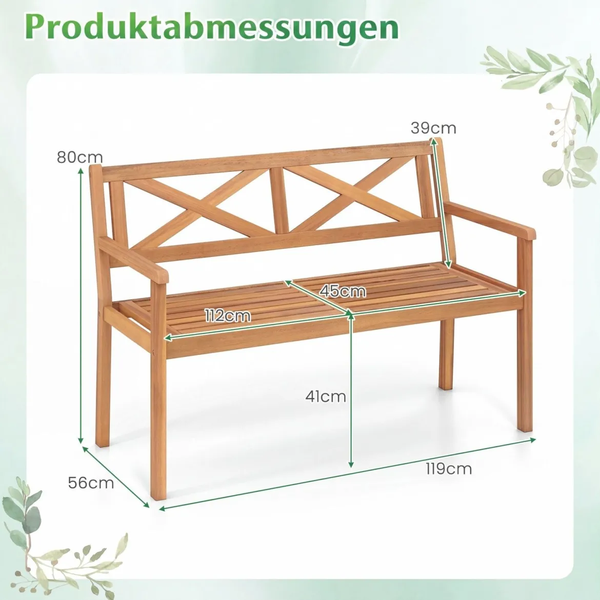 Gartenbank aus Akazienholz 2-Sitzer Holzbank Outdoor Sitzbank mit Rückenlehne & Armlehnen Balkonbank