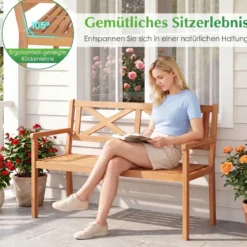 Gartenbank aus Akazienholz 2-Sitzer Holzbank Outdoor Sitzbank mit Rückenlehne & Armlehnen Balkonbank