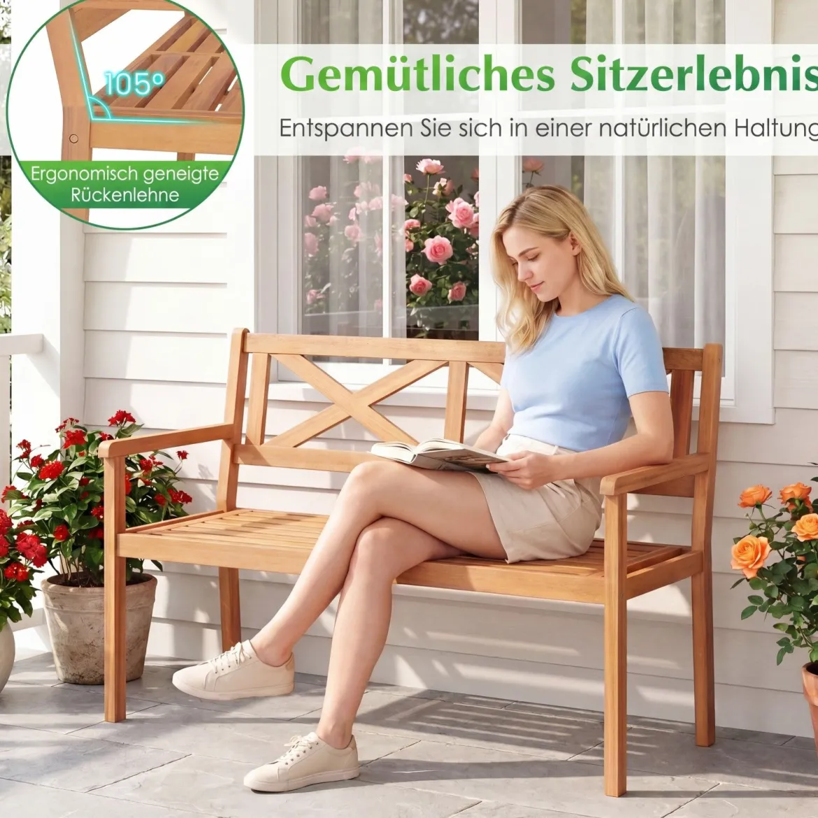 Gartenbank aus Akazienholz 2-Sitzer Holzbank Outdoor Sitzbank mit Rückenlehne & Armlehnen Balkonbank