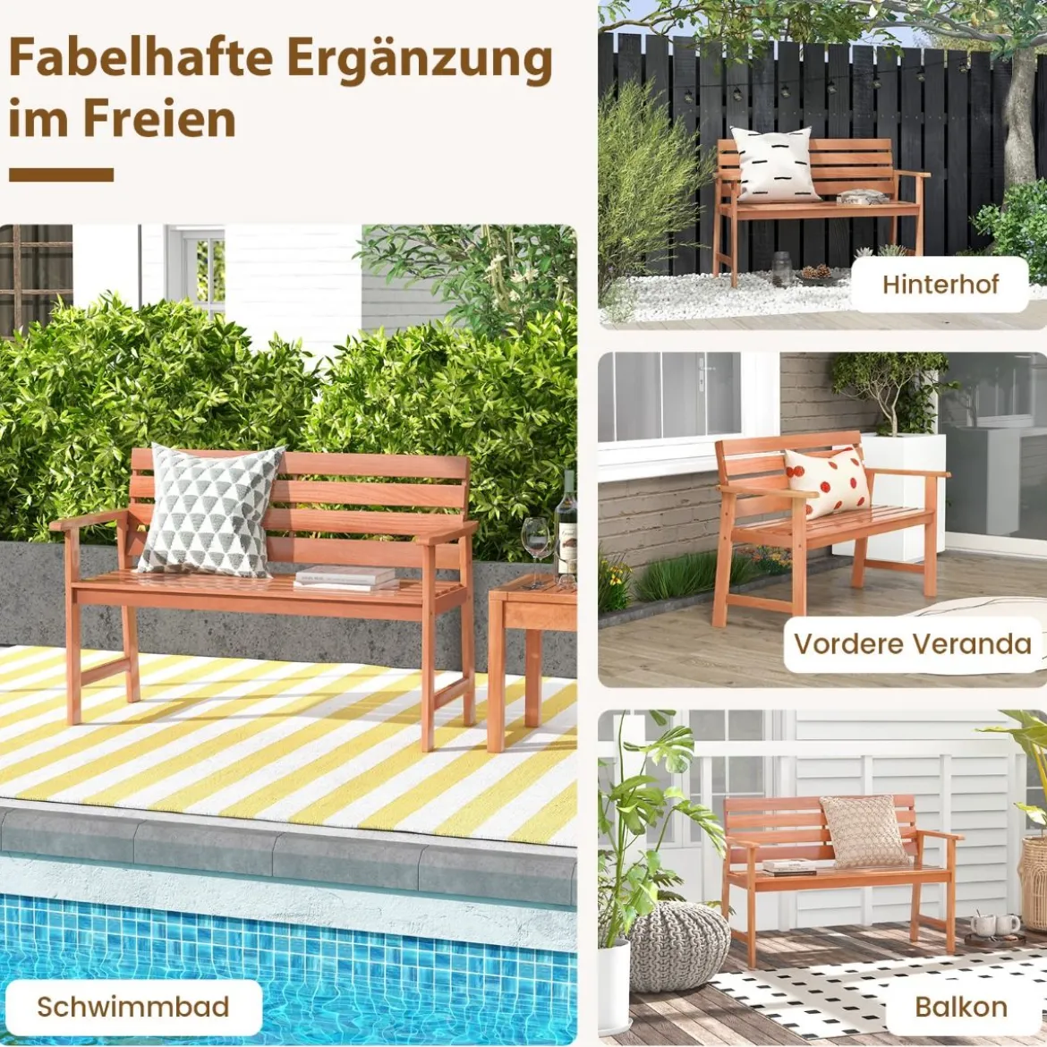 Gartenbank aus Hartholz Holzbank wetterfest Sitzbank für 2 Personen Balkonbank aus Hartholz 120,5 x 64 x 84 cm Natur