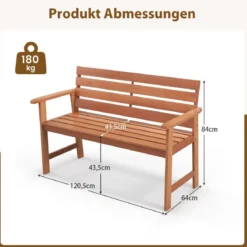 Gartenbank aus Hartholz Holzbank wetterfest Sitzbank für 2 Personen Balkonbank aus Hartholz 120,5 x 64 x 84 cm Natur