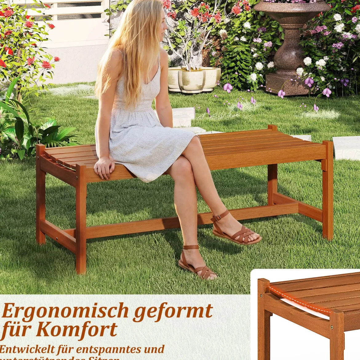 Gartenbank aus Holz Outdoor Holzbank mit Teaköl-Finish und Geschwungener Sitzfläche 2-Personen Terrassenbank