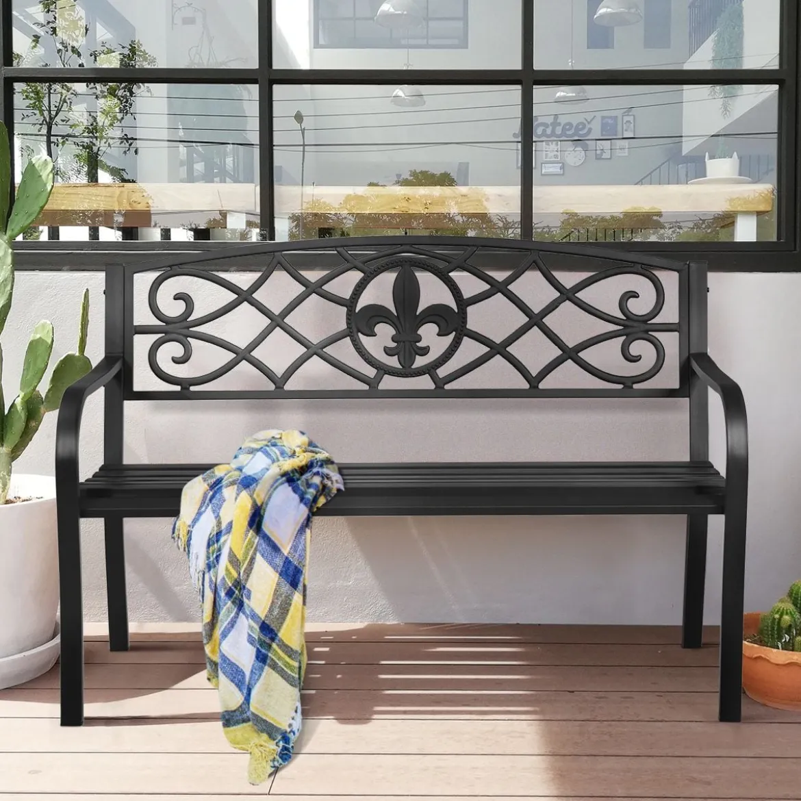 Gartenbank aus Stahl klassische Gartenbank Sitzbank Terrassenbank 128 x 60 x 89 cm Schwarz