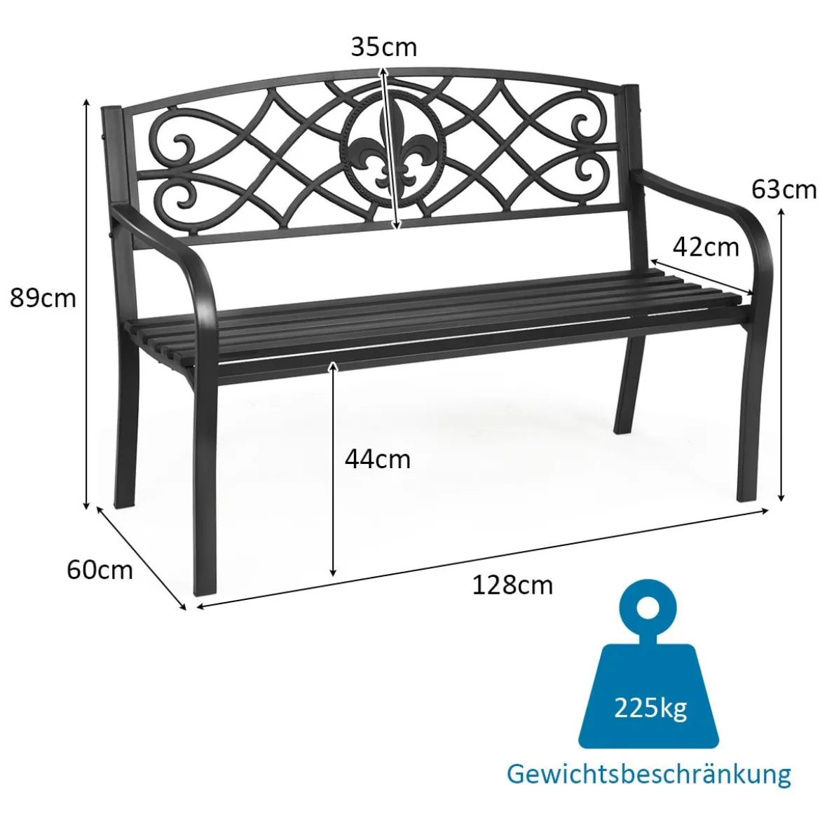 Gartenbank aus Stahl klassische Gartenbank Sitzbank Terrassenbank 128 x 60 x 89 cm Schwarz