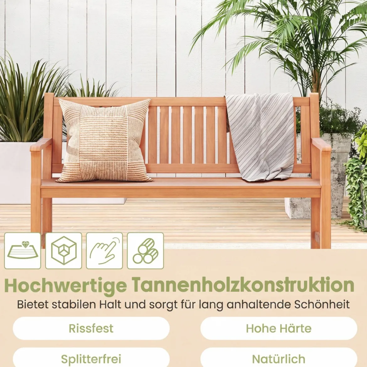 Gartenbank aus Tannenholz 3-Sitzer Sitzbank mit Ergonomischer Rückenlehne bis 450 kg Belastbar 150 x 53,5 x 89 cm