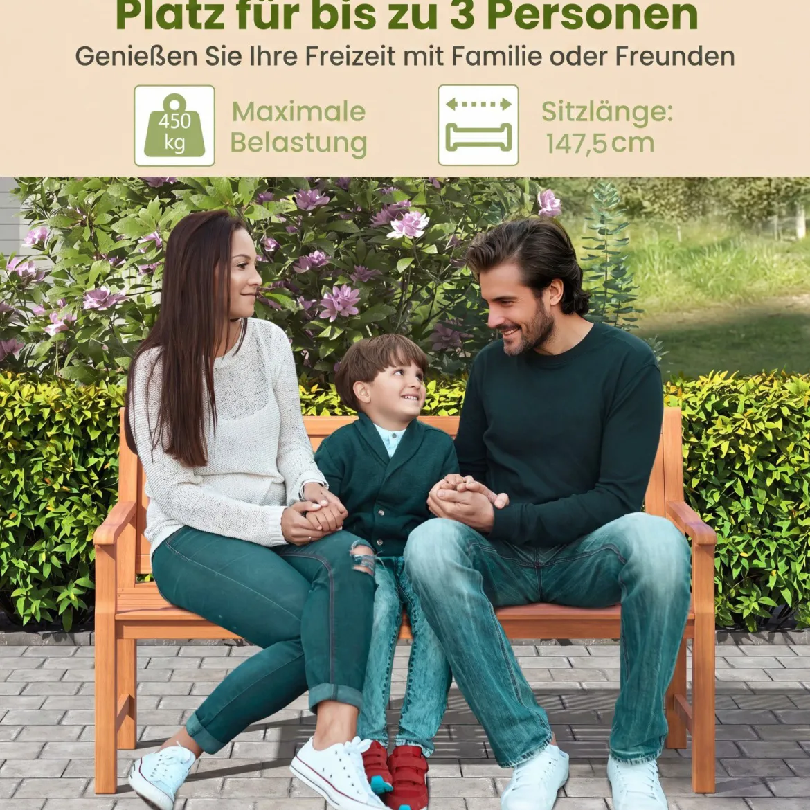 Gartenbank aus Tannenholz 3-Sitzer Sitzbank mit Ergonomischer Rückenlehne bis 450 kg Belastbar 150 x 53,5 x 89 cm