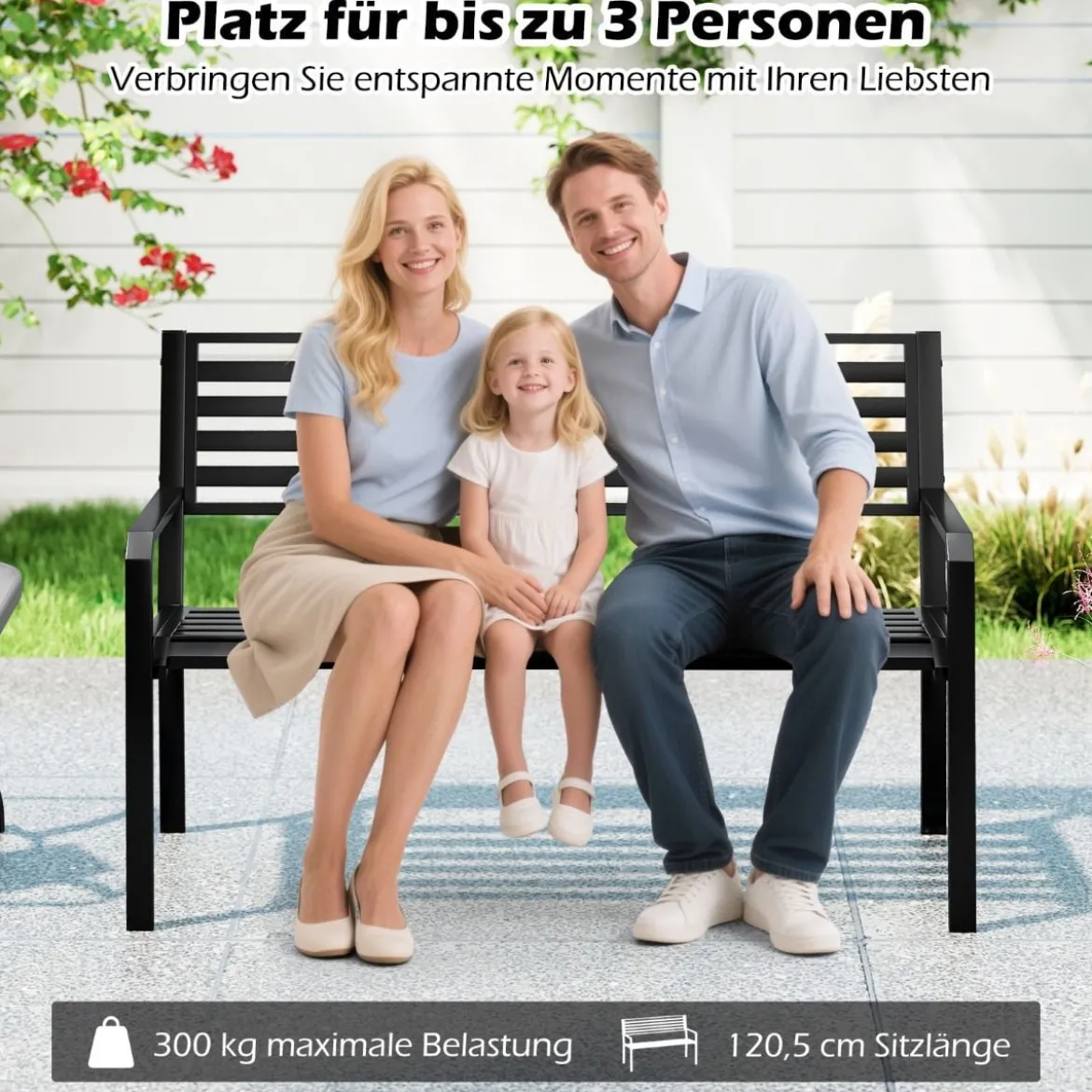Gartenbank Metall wetterfeste Sitzbank für 2 Personen Eisenbank für Garten Terrasse Balkon 127 x 56 x 82 cm Schwarz