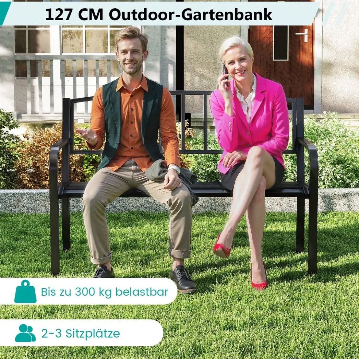 Gartenbank Metall wetterfeste Sitzbank für 2 Personen Eisenbank für Garten 127 x 59 x 85,5 cm Schwarz