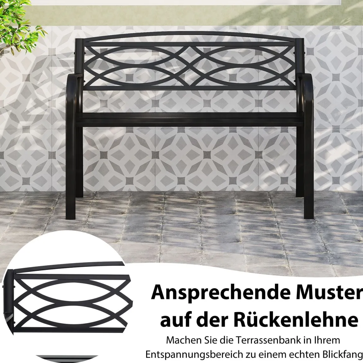 Gartenbank Metall wetterfeste Sitzbank für 2 Personen Balkonbank mit Rückenlehne & Armlehne 116 x 49 x 83 cm Schwarz