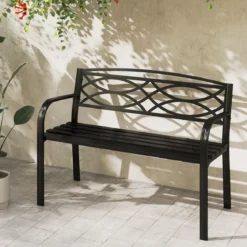 Gartenbank Metall wetterfeste Sitzbank für 2 Personen Balkonbank mit Rückenlehne & Armlehne 116 x 49 x 83 cm Schwarz