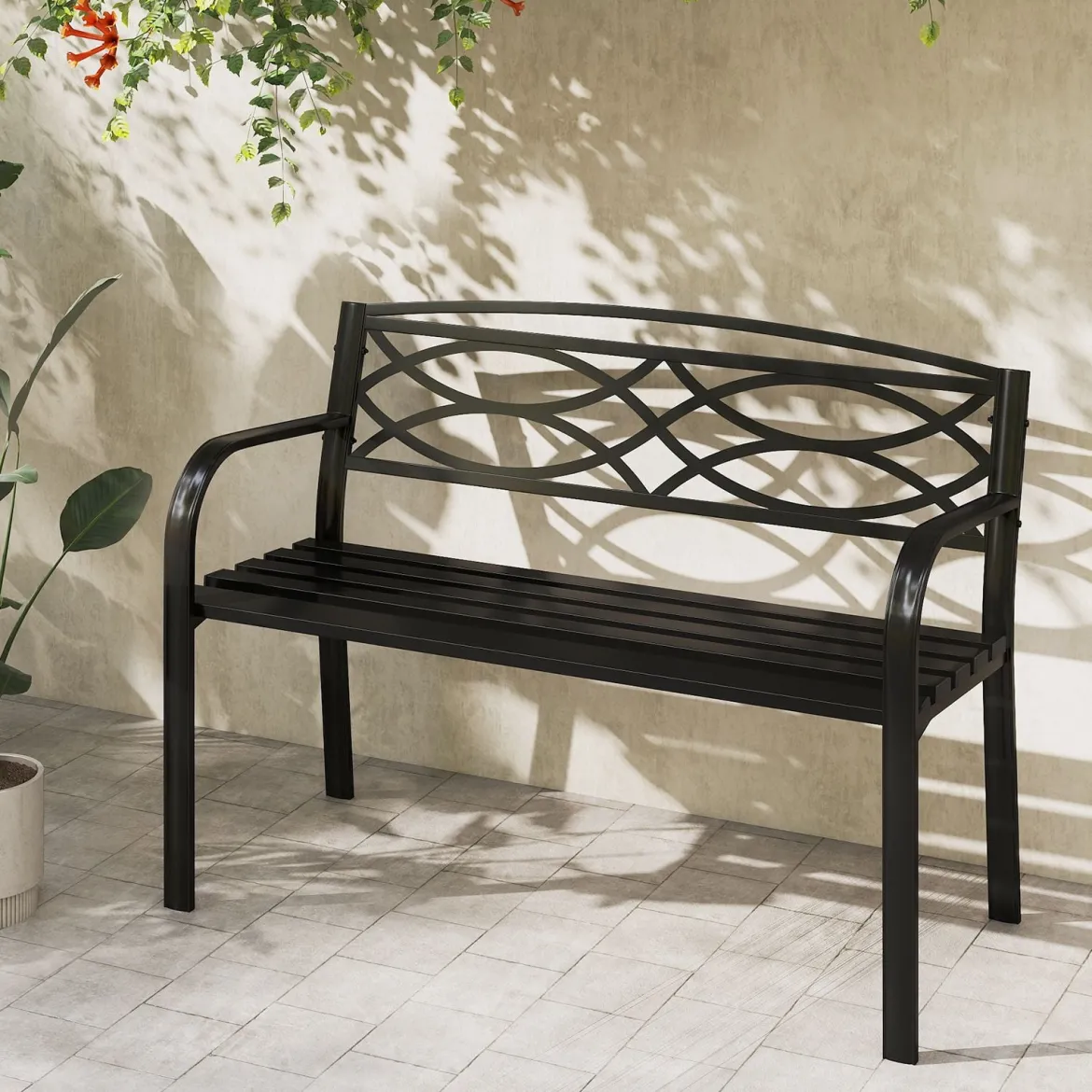 Gartenbank Metall wetterfeste Sitzbank für 2 Personen Balkonbank mit Rückenlehne & Armlehne 116 x 49 x 83 cm Schwarz