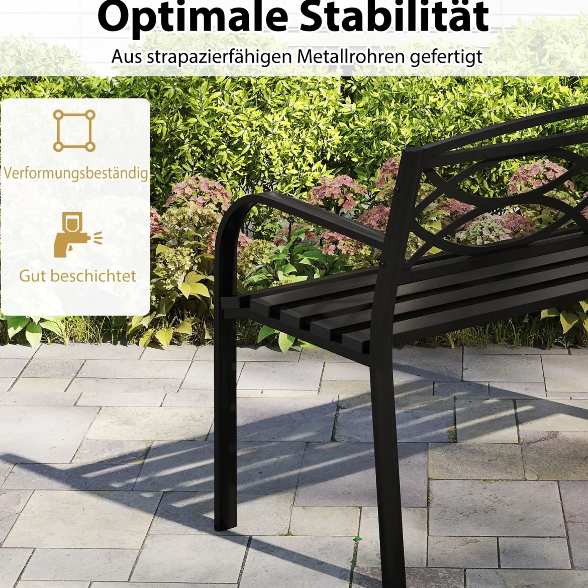 Gartenbank Metall wetterfeste Sitzbank für 2 Personen Balkonbank mit Rückenlehne & Armlehne 116 x 49 x 83 cm Schwarz