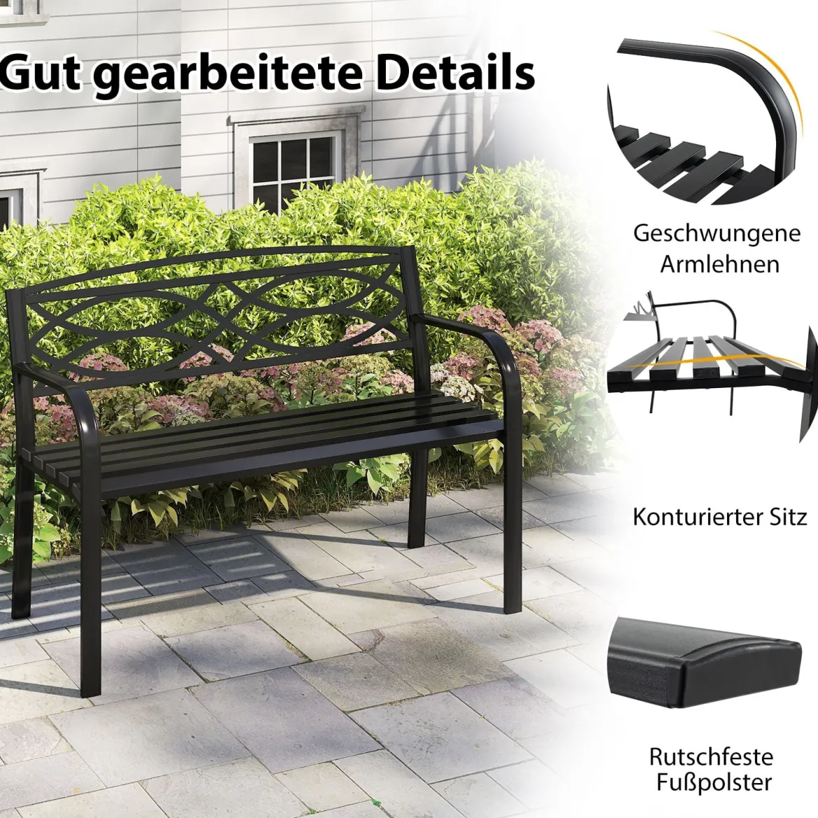 Gartenbank Metall wetterfeste Sitzbank für 2 Personen Balkonbank mit Rückenlehne & Armlehne 116 x 49 x 83 cm Schwarz