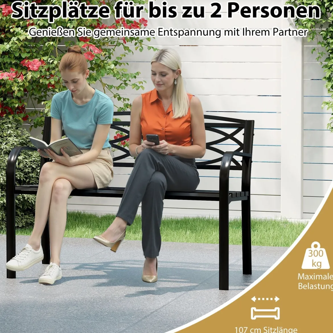 Gartenbank Metall wetterfeste Sitzbank für 2 Personen Balkonbank mit Rückenlehne & Armlehne 116 x 49 x 83 cm Schwarz