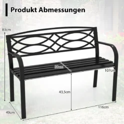 Gartenbank Metall wetterfeste Sitzbank für 2 Personen Balkonbank mit Rückenlehne & Armlehne 116 x 49 x 83 cm Schwarz