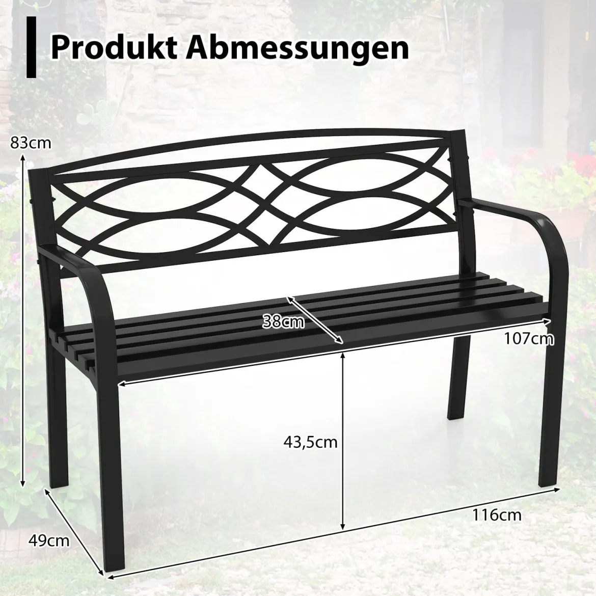 Gartenbank Metall wetterfeste Sitzbank für 2 Personen Balkonbank mit Rückenlehne & Armlehne 116 x 49 x 83 cm Schwarz