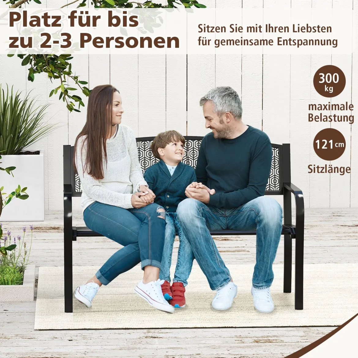 Gartenbank Metall Wetterfeste Sitzbank für 2 Personen Balkonbank mit Armlehne 128 x 60 x 86 cm