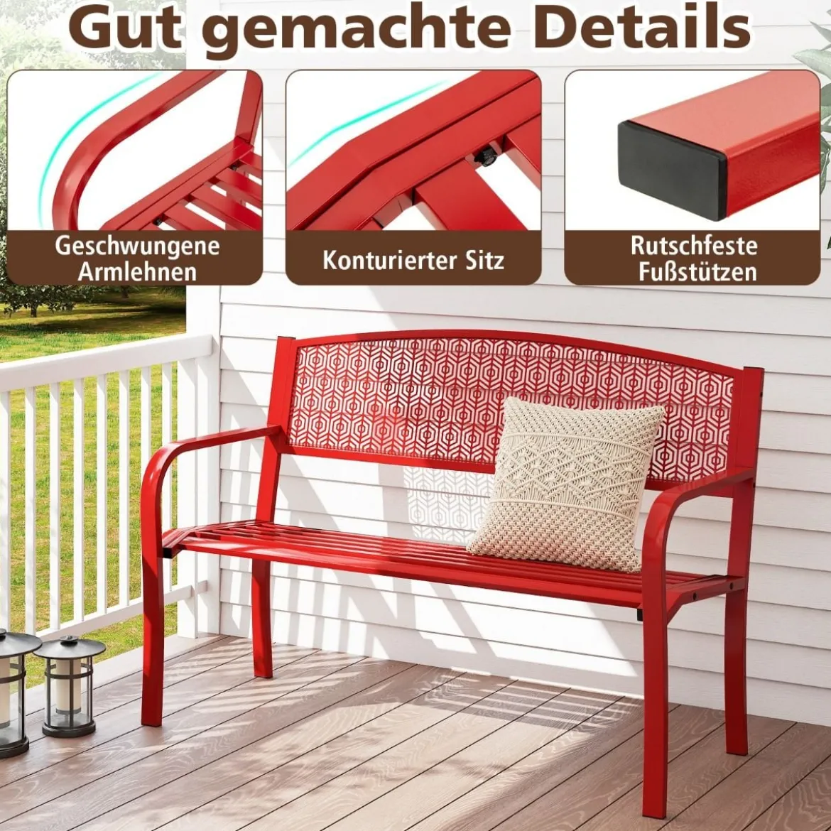 Gartenbank Metall Wetterfeste Sitzbank für 2 Personen Balkonbank mit Armlehne 128 x 60 x 86 cm