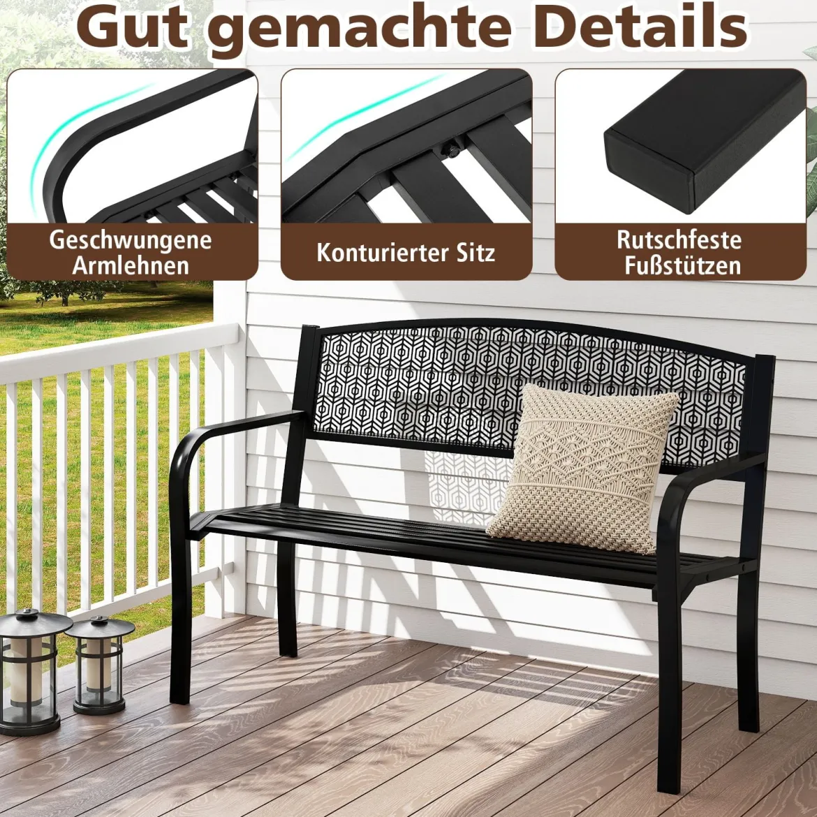 Gartenbank Metall Wetterfeste Sitzbank für 2 Personen Balkonbank mit Armlehne 128 x 60 x 86 cm