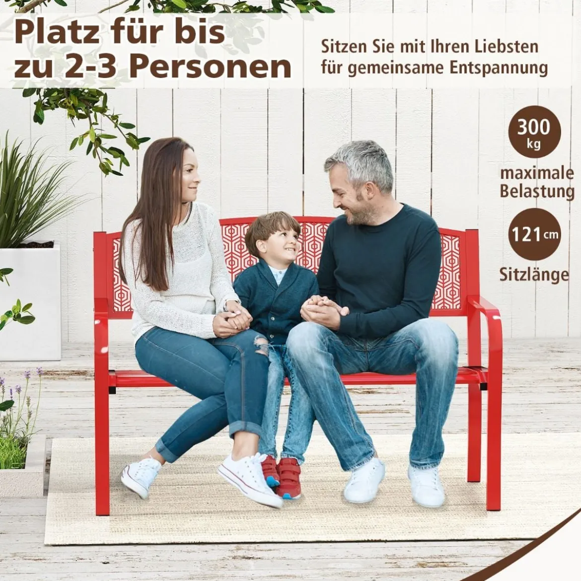 Gartenbank Metall Wetterfeste Sitzbank für 2 Personen Balkonbank mit Armlehne 128 x 60 x 86 cm