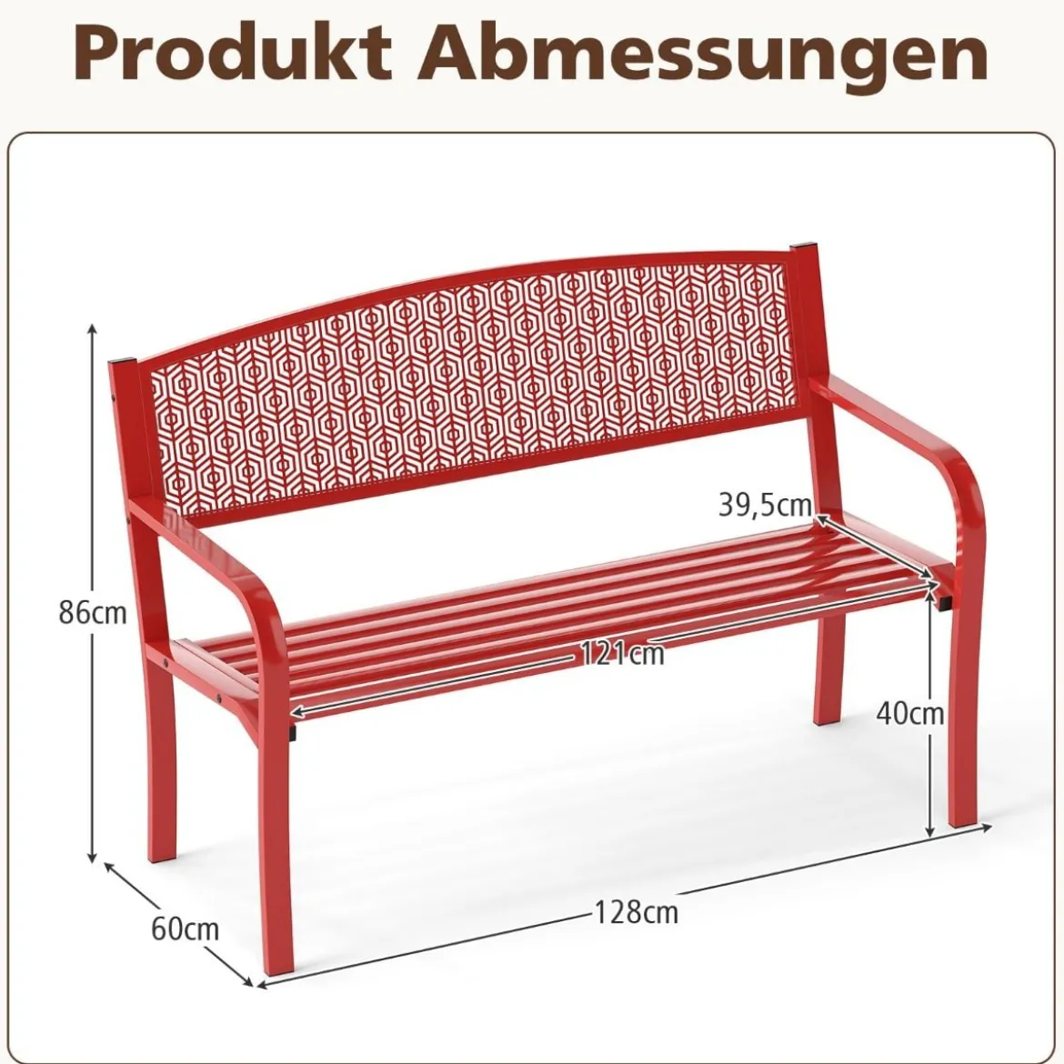 Gartenbank Metall Wetterfeste Sitzbank für 2 Personen Balkonbank mit Armlehne 128 x 60 x 86 cm