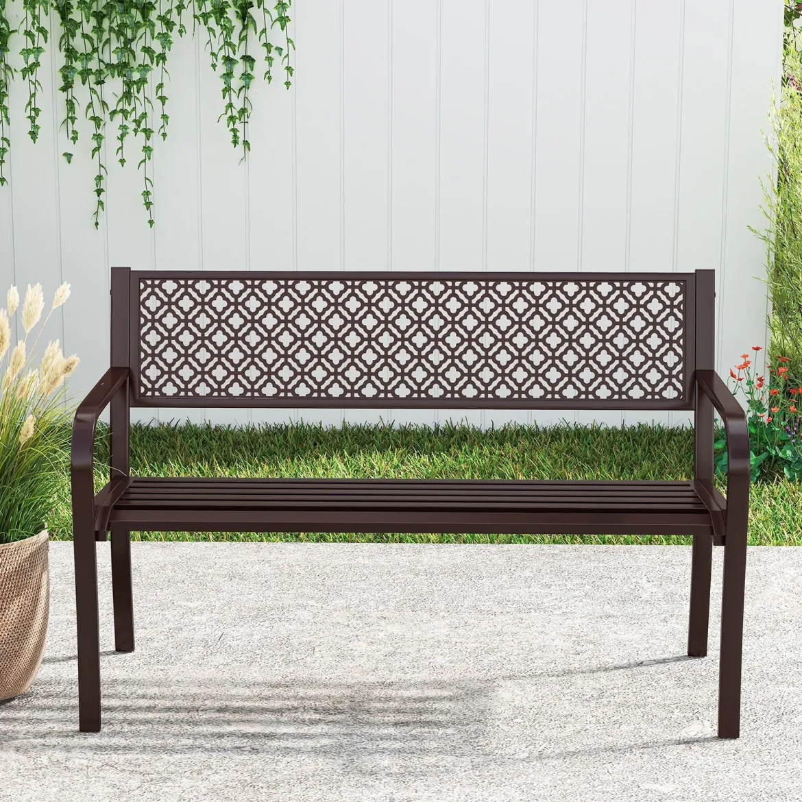 Gartenbank Metall wetterfeste Sitzbank für 2 Personen Balkonbank mit Rückenlehne & Armlehne 127 x 59 x 82 cm Braun